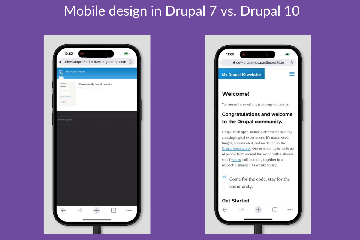How newly created Drupal 7 and Drupal 10 websites look on mobile devices.
