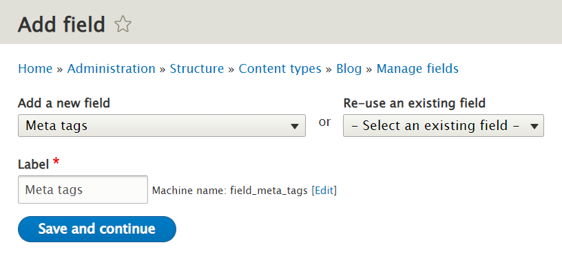 Adding a meta tag field to the content admin dashboard.
