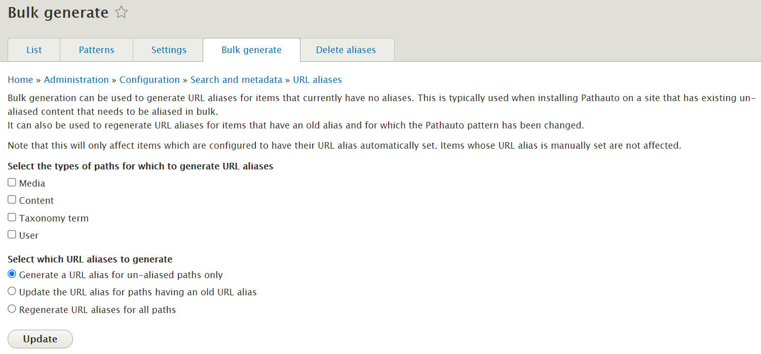 By using the Bulk generate tab on the Pathauto page, we can update the aliases of existing pages. Just select “Content” and they will be updated based on the Pathauto settings. The Pathauto also allows us to choose whether to update the URL aliases only un-aliased paths, ones with an old alias, or just all items. By clicking “List,” we will see all the nodes with the newly generated aliases and their system links (e.g. node/123). 