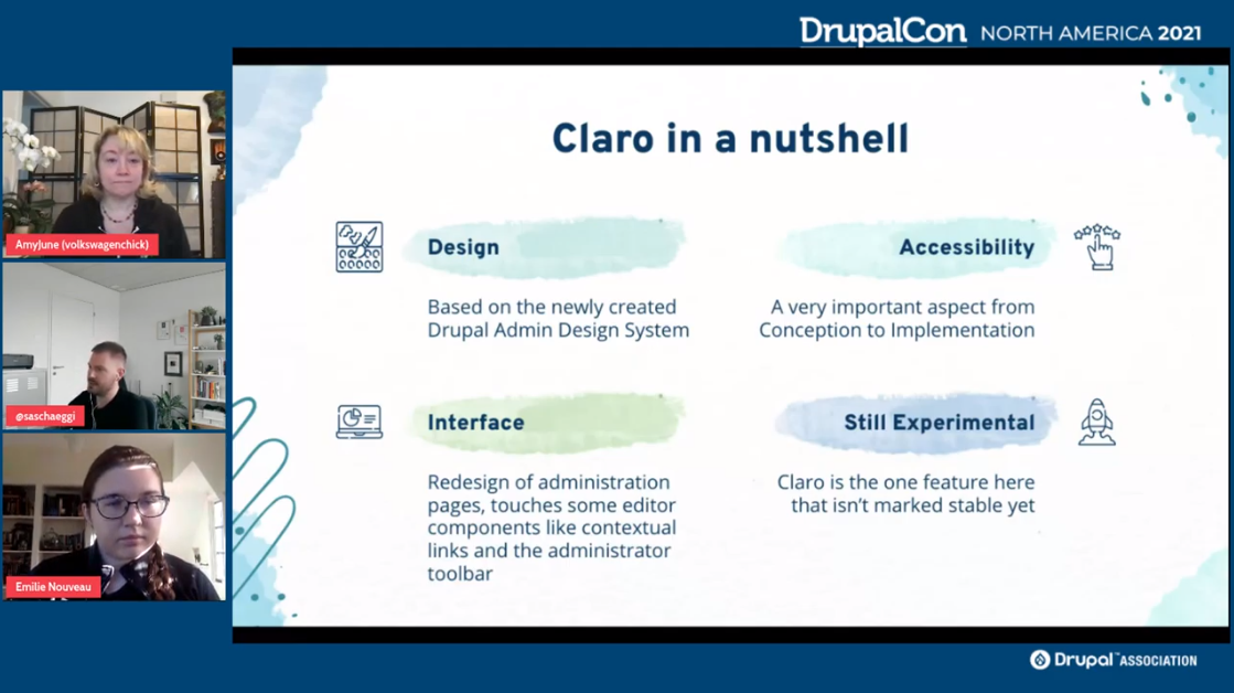 In this image: the Claro theme discussed at the Easy Out of the Box Initiative’s keynote