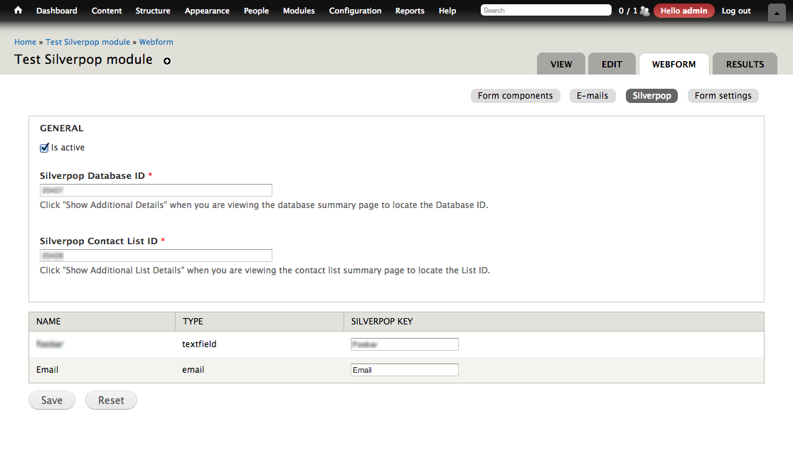 Screenshot of a webform in Drupal admin